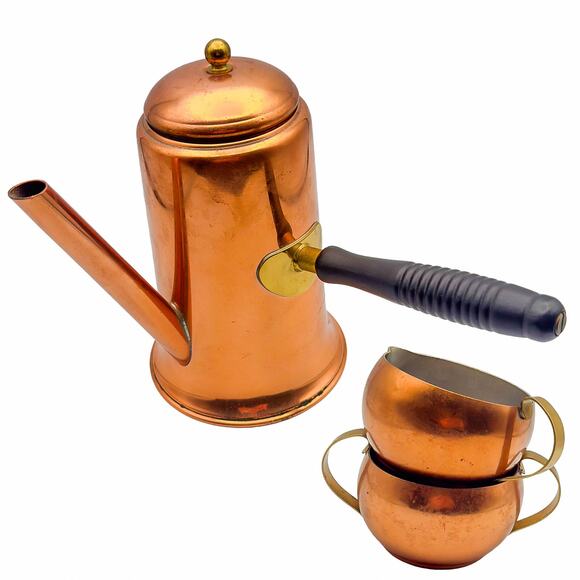 Vintage Colonial Copper & Brass Ware 4-Piece Kettle w/Lid Creamer and Sugar Bowl - Picture 1 of 9